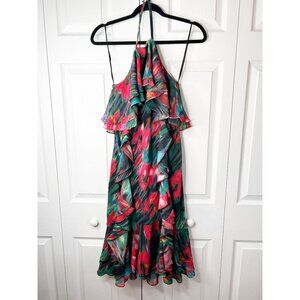 Jason Wu Blurred Floral Black Multi Ruffle Sleeveless Halter Dress Women's 0